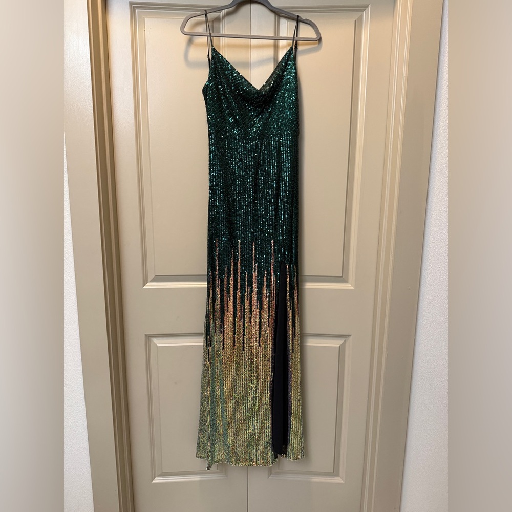 City Vibe Spaghetti Strap Low Back High Slit Ombre Sequin Dress. Size 11